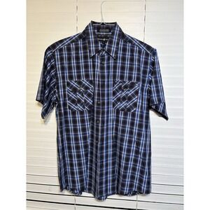 Beverly Hills Polo Club Shirt Mens L Blue Black Plaid Button Double Pockets